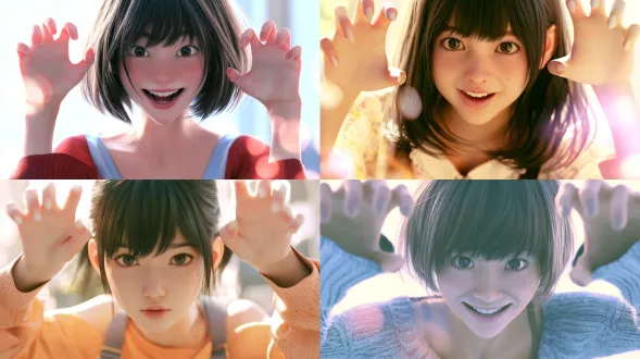 cinematic japanese 3d cg animation still, semi-realistic stylized cg young woman, youthful playful energy, carefree and mischievous, bright global illumination, soft light, high dynamic range,luminous rim light, creamy cooke lens rendering, large aperture, glowing bokeh, medium close-up, expressive face, direct eye contact, a lively girl raising both hands like little claws andpretending to look fierce at the camera, exaggerated playful expression, smiling eyes, funny andenergetic, soft bright afternoon light, airy youthful atmosphere