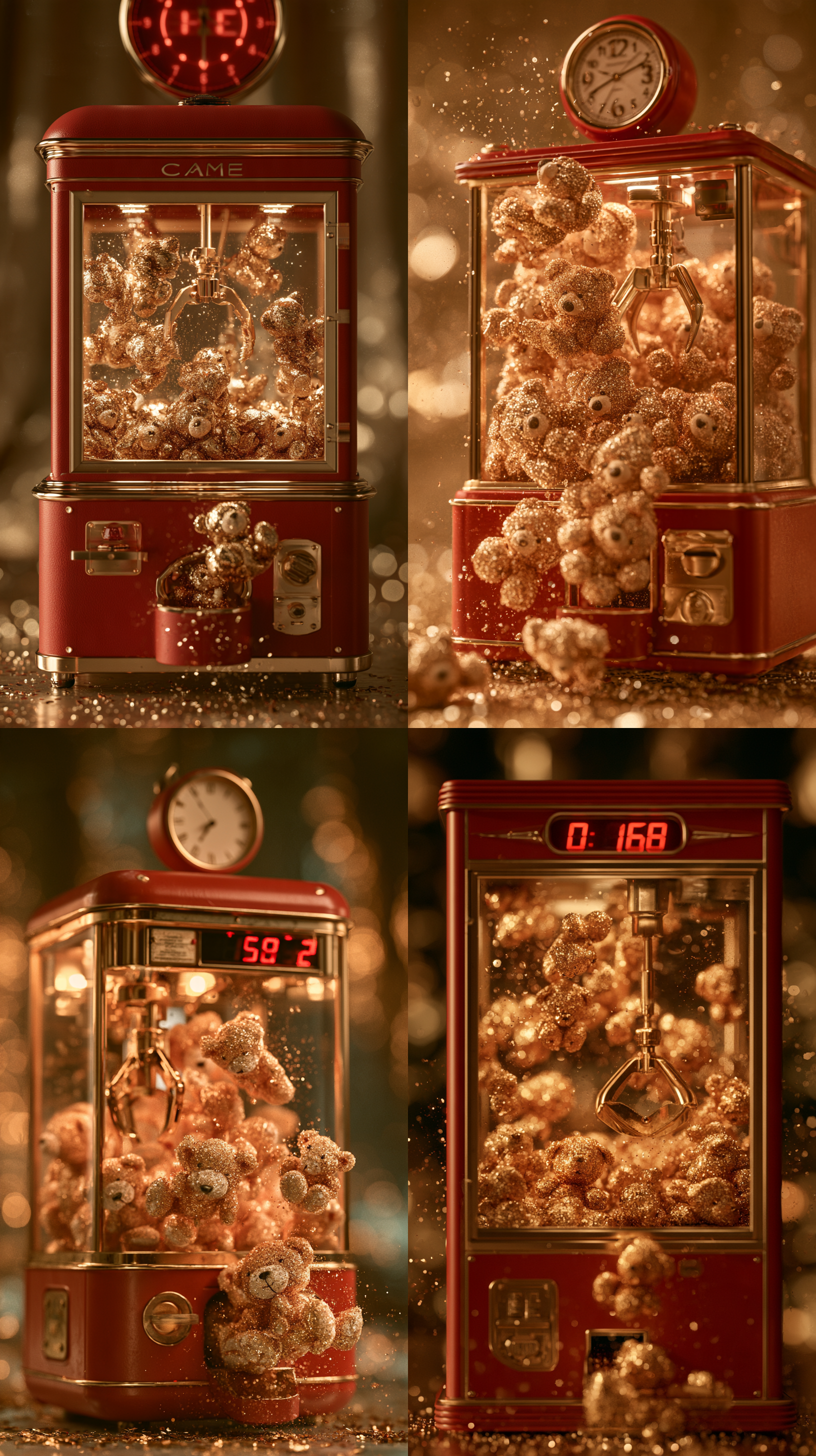 retro claw machine, wine red fine matte textured casing, all plush dolls inside the machine are glittering sand-gold diamond gilded material, golden metal claw, a large number of gilded dolls flying upward and floating out from the claw machine exit, scattered tiny golden glitter particles, champagne gold pearlescent glitter soft bokeh background, warm soft lighting, shallow depth of field, hyperrealistic 3d render, fine gold diamond grain texture, premium luxurious, festive prosperous, reserved blank space on top for bold red large digital clock, clean composition, cinematic lighting, 8k, ultra detailed