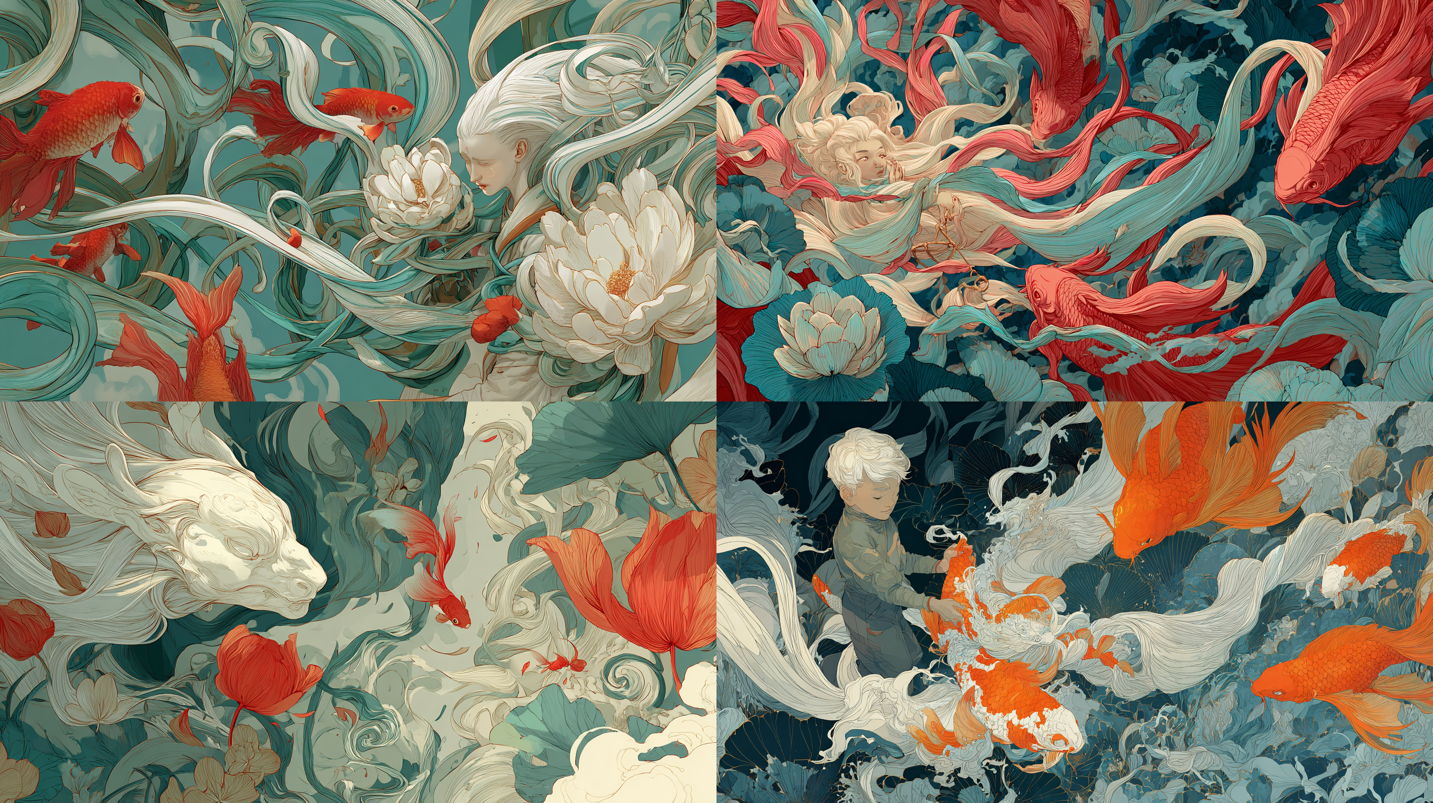 james jean风格，流畅复杂的线条，复杂的构图，小男孩蜕变成流动的丝带，与麒麟、锦鲤和莲花缠绕的丝带，背景中旋转的云朵和详细的植物纹理，象牙白珊瑚红和薄荷绿调色板，现代神话，优雅混乱。