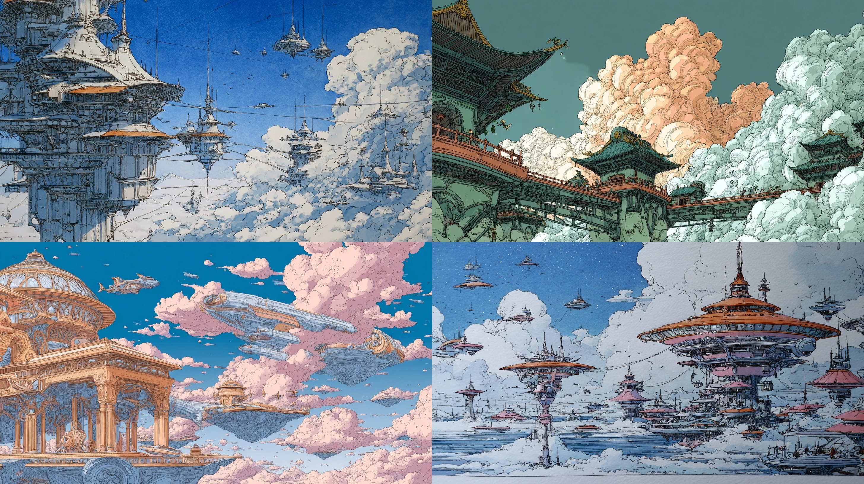 moebius风格、ligne claire、科幻漫画艺术、漂浮的蓬莱仙岛、中国传统亭台楼阁与未来宇宙飞船的融合、超精细的建筑（窗户、管道、电缆）、无数的小型飞行器、带状云朵、柔和的色调（淡蓝色、粉色、橙色）、宏伟的规模、复杂的线条。