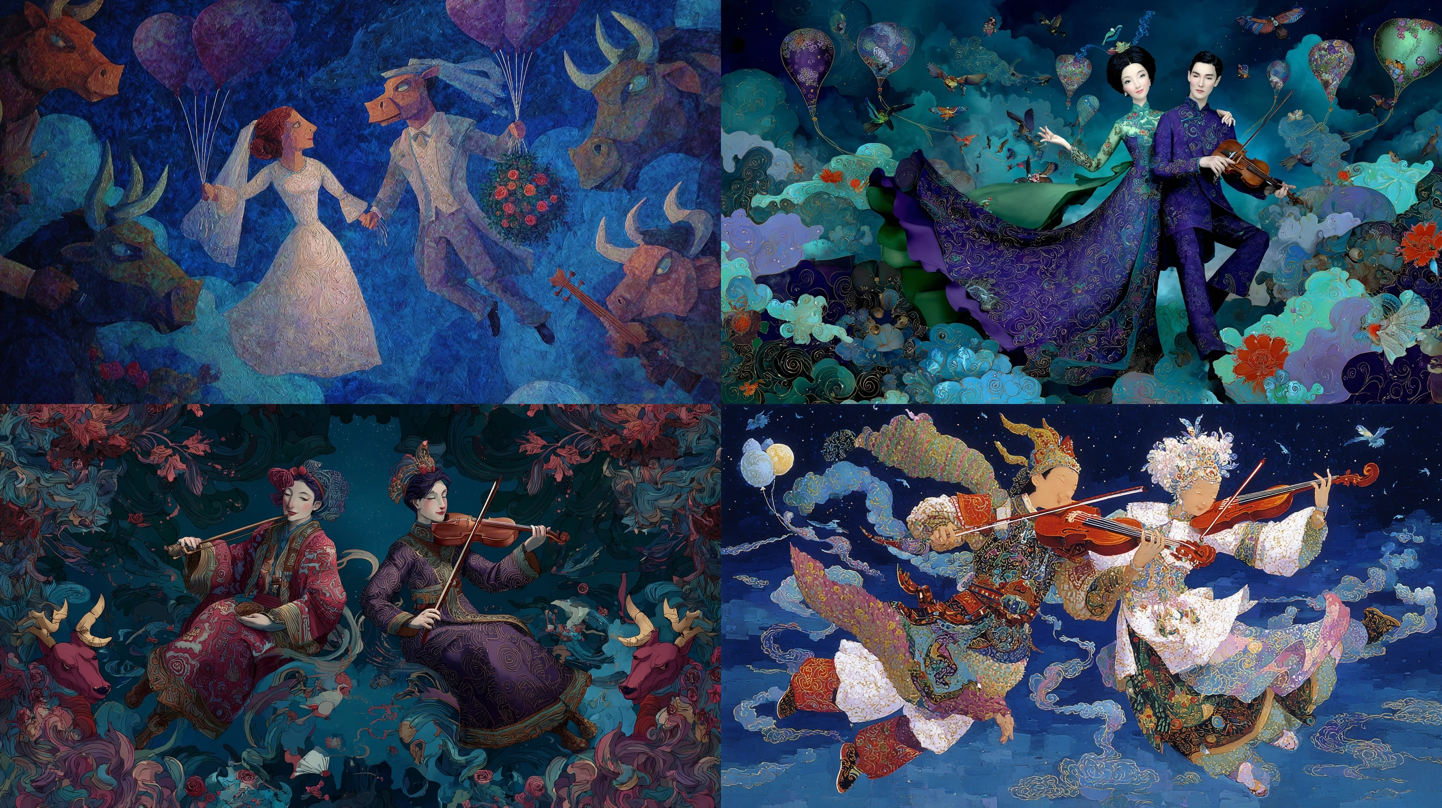 夏加尔风格，身着明朝婚纱的新娘和新郎在深蓝的夜空中漂浮，头像气球一样被绳子拉着，周围是巨大的牛头和马脸的监护人在拉小提琴，丰富的紫绿色和红色，民间传说的梦想，超现实的浪漫