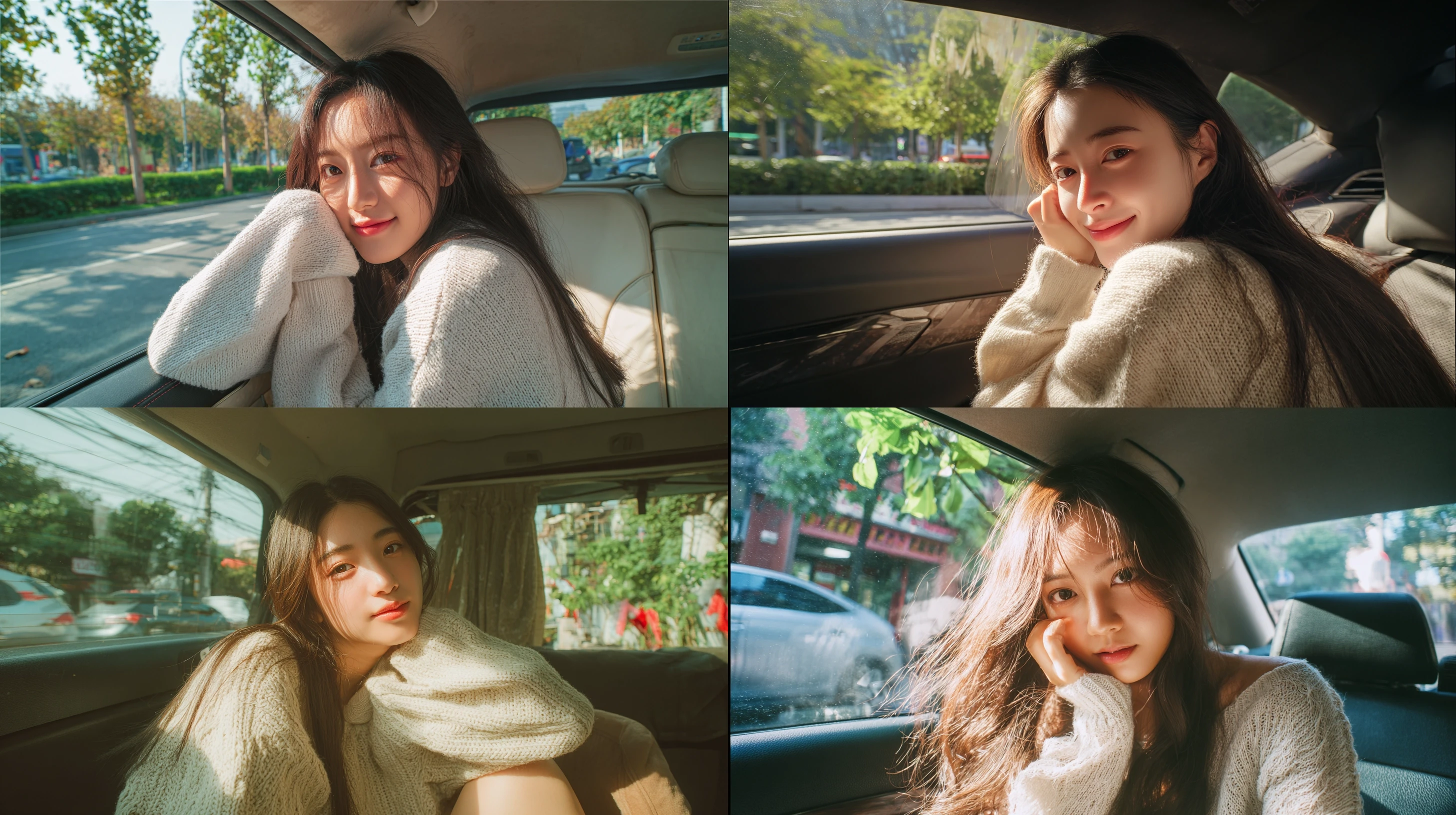 车内后排座位上，一名20岁苏杭甜美女生，长发顺滑，被风吹起，休闲浅色针织衫，短裙，手扶下巴，看向镜头。头发丝和脸上都有光影效果，清新自然，高清。透过女生背后的车窗，能看到清新的街景绿意，结合简约穿搭与清新窗外景，整体表现出日常且松弛的氛围