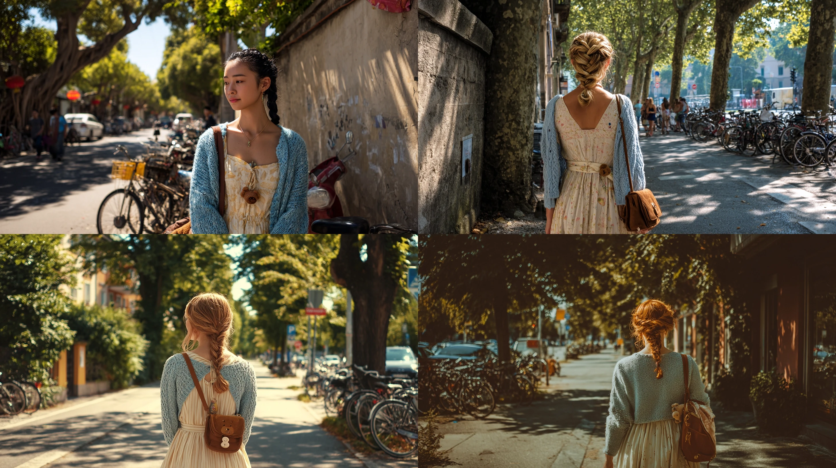 这是一组充满生活气息与治愈感的街拍写真。场景选在阳光斑驳的林荫道，高大的树木投下错落的光影，背景里的围墙、停放的单车与远处的车辆，都为画面增添了都市日常的氛围感。人物穿搭简约又温柔，米白色吊带长裙搭配浅蓝针织开衫，尽显清新雅致；侧边麻花辫增添了几分少女的灵动，棕色复古包包挂着小熊挂饰，更显可爱俏皮。整体画面在明媚阳光的笼罩下，传递出一种悠然闲适的午后时光感，仿佛是记录下了一次随性又美好的城市漫步瞬间。
