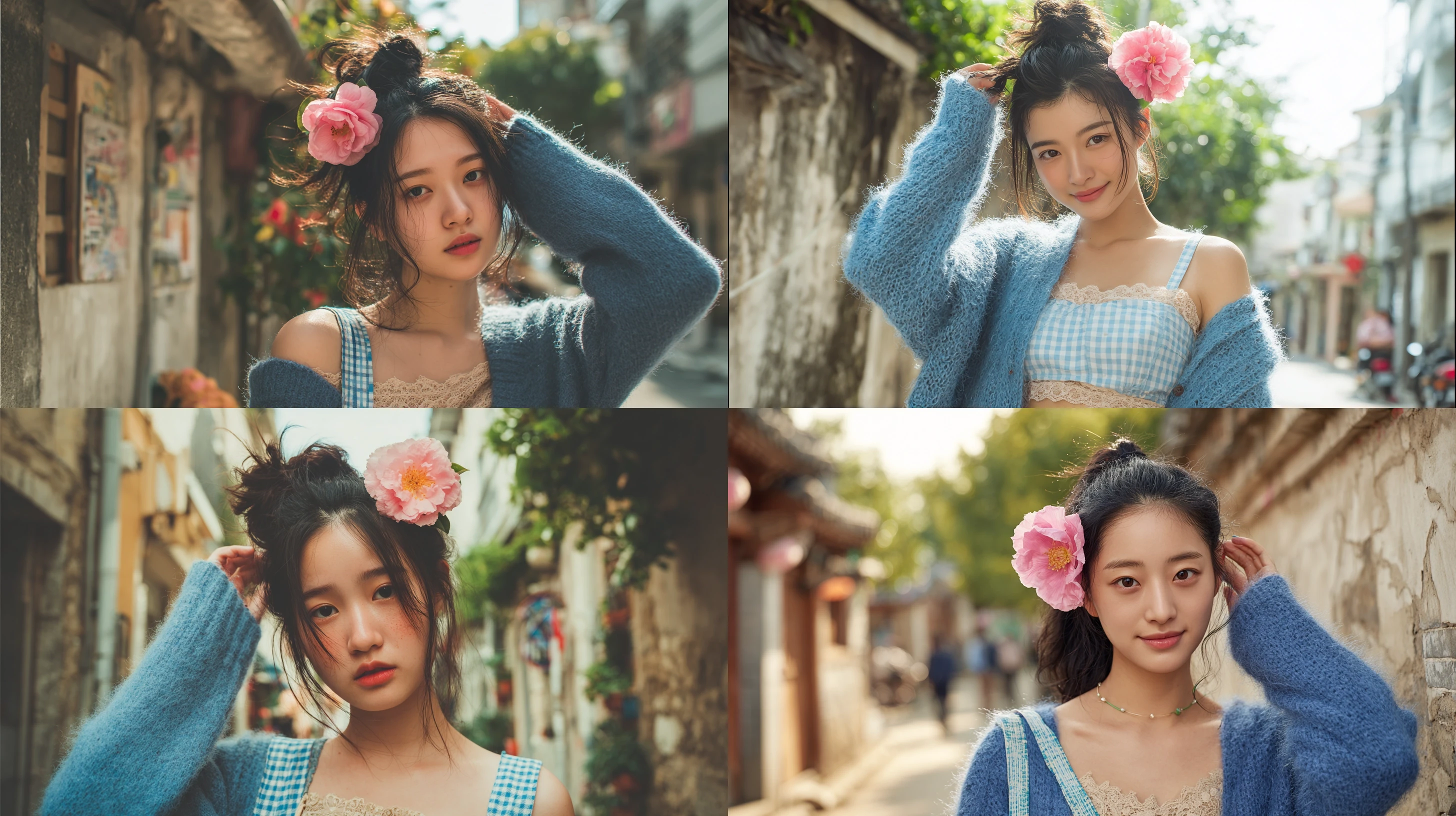 扎高丸子头的女孩，头顶蓬松+碎发自然散落，保留发丝毛躁感，一朵粉色山茶花（轻别在耳侧发间）；身穿宝蓝色毛绒针织开衫，宽松落肩款，保留毛絮质感；内搭米白色蕾丝吊带裙，搭配浅蓝白格纹帆布单肩包。 妆容是清透韩系伪素颜——奶茶色唇釉+淡橘粉腮红（扫在苹果肌）+浅棕平眉+大地色淡眼影（仅加深眼尾），保留轻微皮肤纹理 人站在老城区街巷（背景有模糊的绿树+复古居民楼，带斑驳墙面质感） 自然光侧逆光（柔和光斑，带轻微镜头光晕），色调偏暖柔焦，主体清晰+背景虚化 风格：治愈日系胶片风，表情自然浅笑，动作松弛（手轻搭花朵/抓头发）等，肢体动作自然