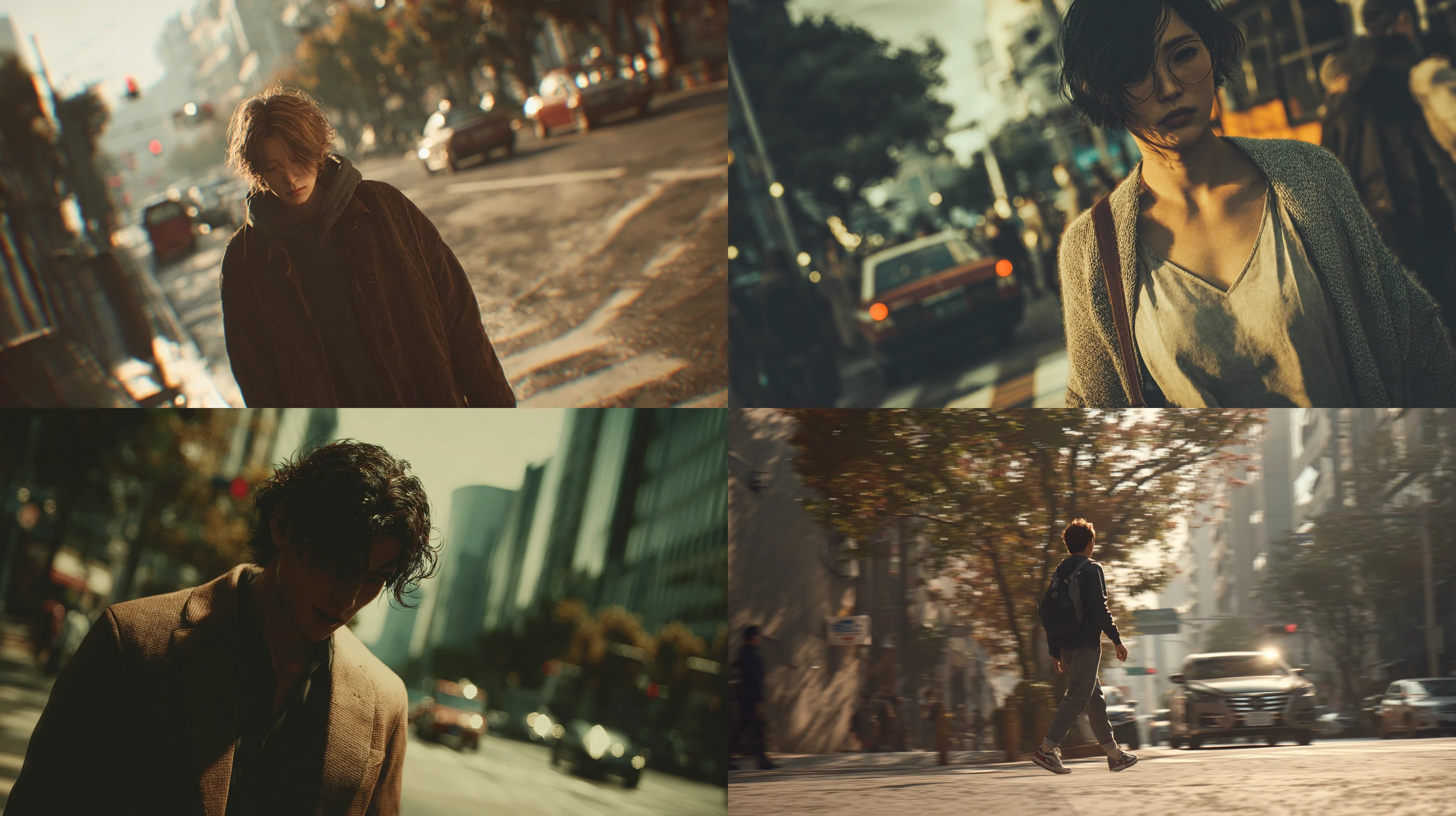 细腻真实的皮肤质感，不改变五官，调整人物姿势，画面呈现一个人物在都市街道上行走，穿着时尚简约，行走姿势随性洒脱，全身镜头，镜头美学，画面影调光线充足，电影感动态模糊，暖色调光影，胶片颗粒质感，复古日系写真风格，背景是模糊的城市街道、车辆和树木，画面带轻微动感模糊，情绪疏离又随性，高质感人像，大师级街拍美学