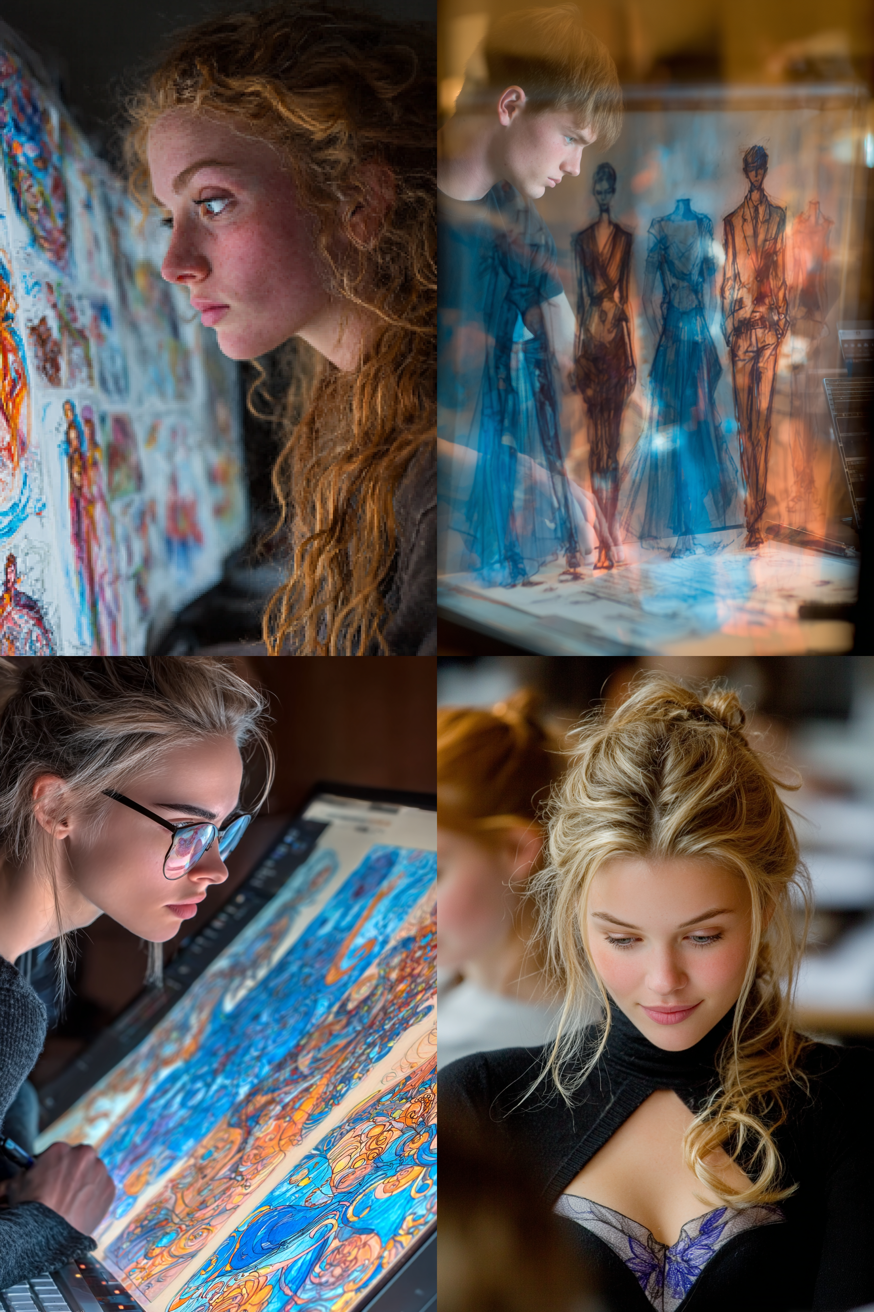 "一位老师专注看着电脑屏幕上的学生时装设计图，第一视角拍摄，镜头焦点在屏幕上，柔和室内灯光，现代办公室环境，中焦镜头，浅景深，屏幕蓝光反射，温暖色调，专业氛围，老师表情欣慰，电脑键盘局部虚化，高清晰度，自然光与人工光结合，安静专注的情绪。"