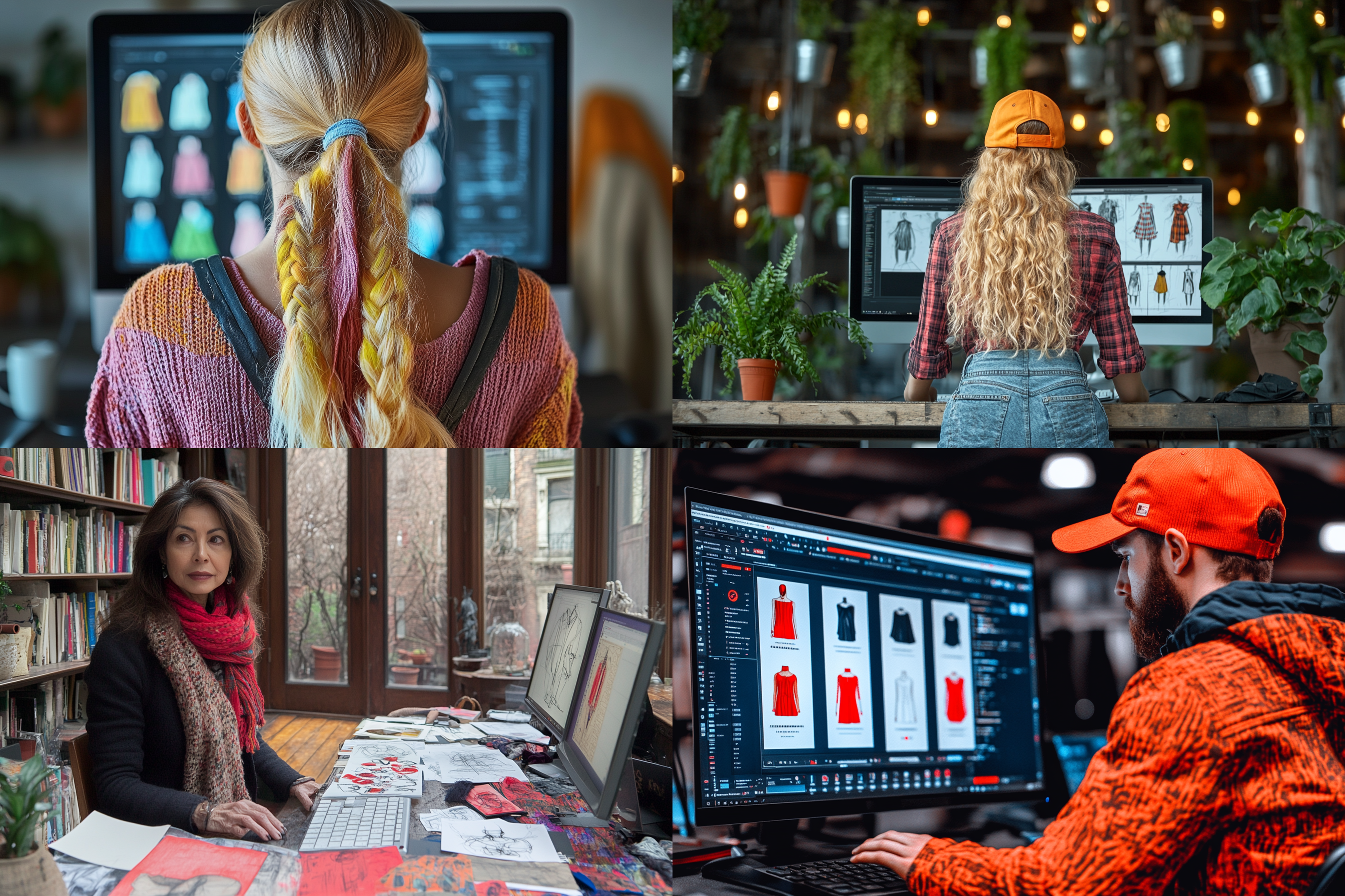 一位老师坐在电脑前，看着屏幕里的学生作品，时装设计图，摄影师第一视角拍摄，镜头焦点集中在电脑屏幕上