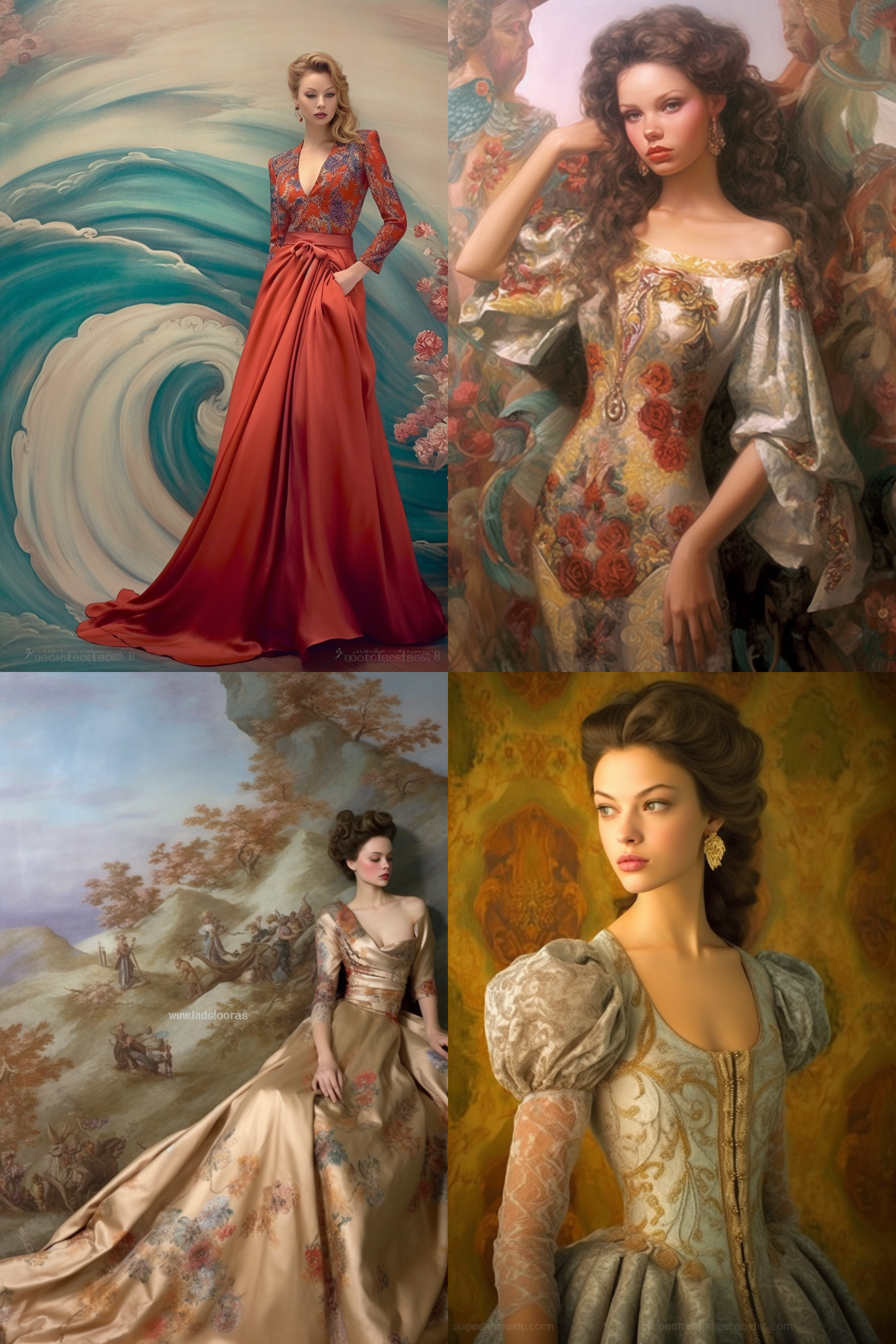 "时装设计图壁画化，巨型壁画墙，复古油画质感，高饱和度色彩，巴洛克风格，华丽金色边框，模特动态造型，飘逸长裙，细腻笔触，柔和自然光，远视角，文艺复兴元素，繁复花纹背景，优雅高贵，浓郁艺术气息"