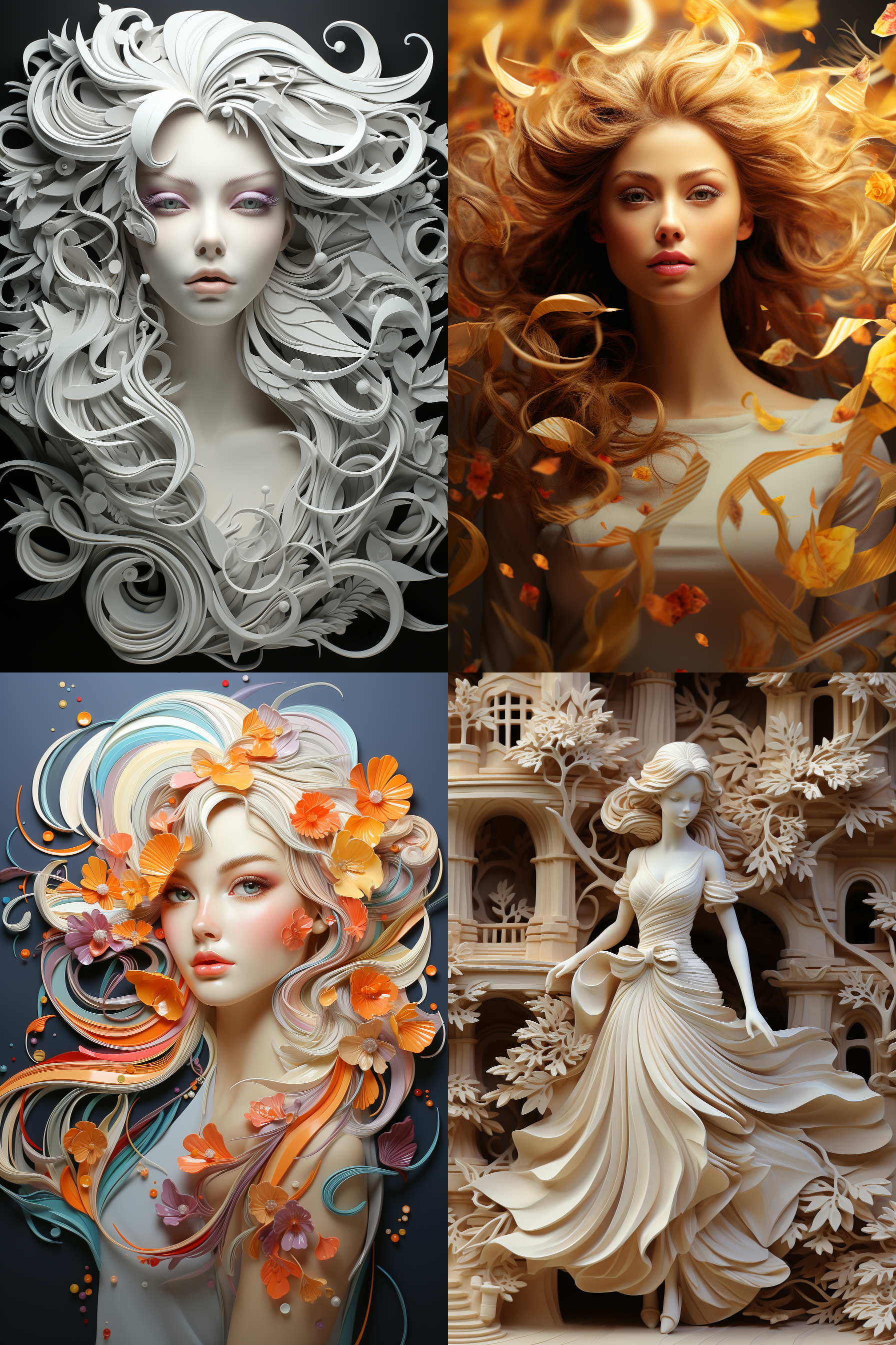 时装设计浮雕化，立体雕刻感，浅浮雕与高浮雕结合，精致纹理，流动线条，模特动态姿势，古典服饰细节，巴洛克风格装饰，柔和自然光，浅景深，金属质感，暖金色调，优雅奢华，艺术画廊环境，细腻光影，手工雕刻效果