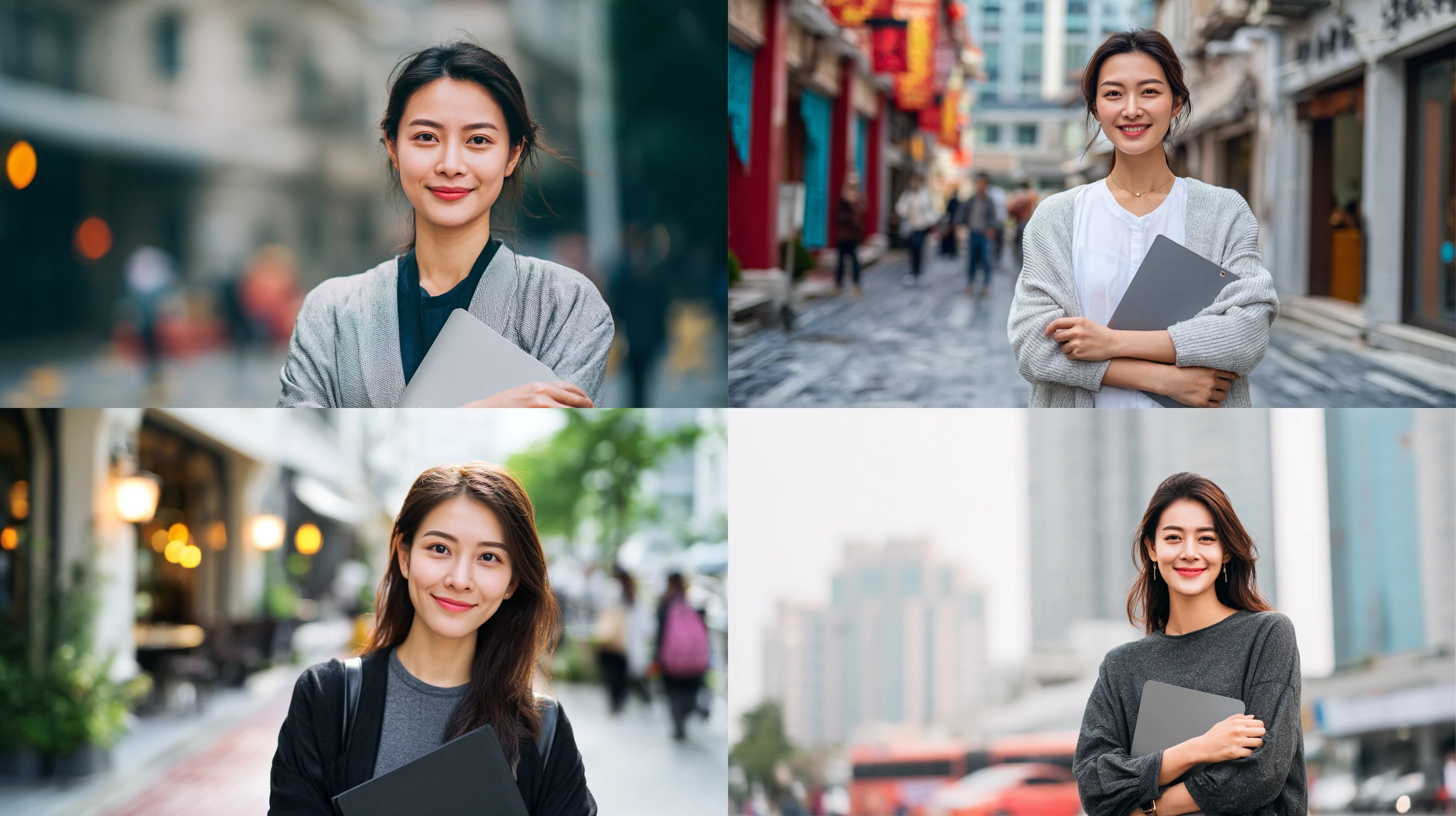 年轻中国女销售穿着休闲服微笑站立，城市商业街背景，自然光，浅景深，中焦镜头，正面拍摄，柔和色调，自信表情，手持文件夹，现代简约风格，活力感，专业又亲和。