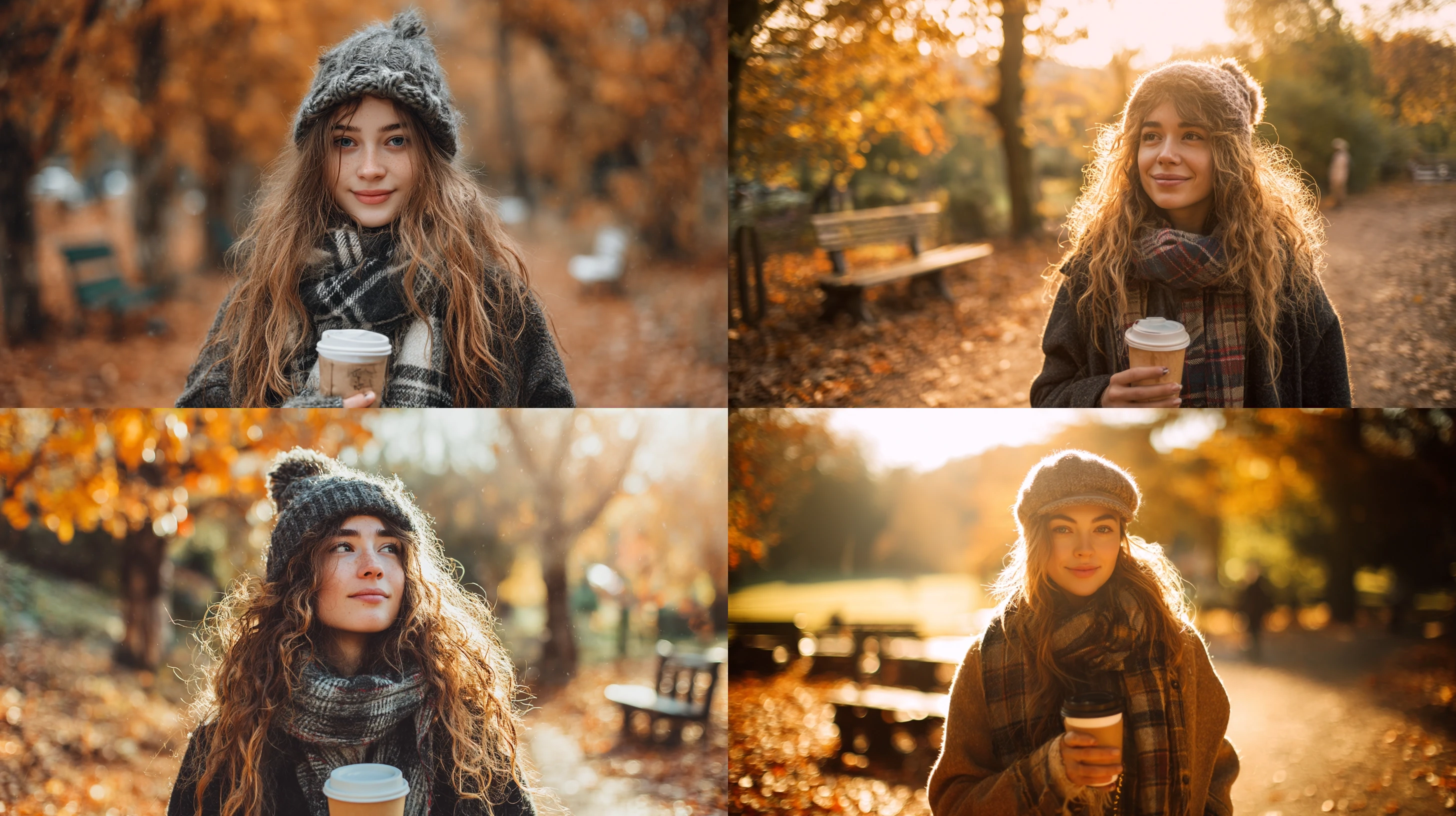 一位20岁出头的年轻女子，她性格始终如一，披散着自然头发、戴着毛线帽，有着红润的脸颊，身着粗针织毛衣、格子围巾、长羊毛大衣、牛仔裤和靴子，手持外带咖啡杯；场景设定在秋季公园/森林小径，背景有橙色和黄色的叶子、树木与公园长椅，采用金色时光柔和的灯光风格，以低垂的暖金色秋日阳光作为主光，通过背光或柔和前光营造梦幻氛围，整体为田园风、秋日氛围、舒适的pinterest美学，8k分辨率搭配暖色调。