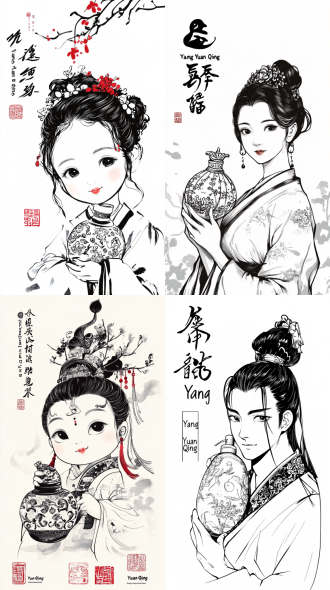 黑白线描夸张卡通人像，竖版构图，纯白无彩无阴影背景，粗黑轮廓，手绘装饰排线，人物持传统纹样葫芦洗发瓶，左上“养元青”文字，底部手写标语，护发广告，简洁醒目