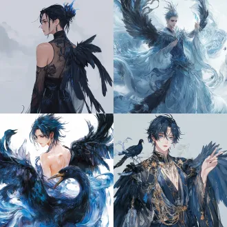 杰作，品质上乘，动漫幻想插画，国画风，清冷感，一个男人，黑天鹅，蓝黑色头发，短发妹妹头，发尾幽蓝色火焰，翎羽，幽蓝色眼眸，西幻薄纱礼服，全身立姿，半透明全息面料，手指不畸形，眼部细节刻画，全身构图，纯白背景，利落清晰线稿，明亮柔和光影，空灵氛围，无多余杂乱元素