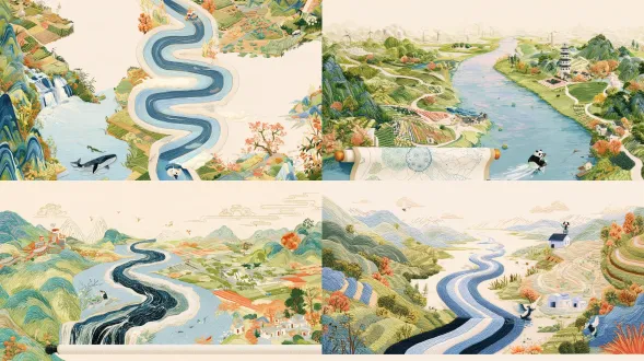 刺绣画卷穿水系，大量留白层次分明，马卡龙清新色，小微农科企业文化广场元素，非遗刺绣质感，松弛治愈，8k超清，柔光，细腻针脚纹理，暖柔氛围，无熊猫鲸鱼，元素精简。