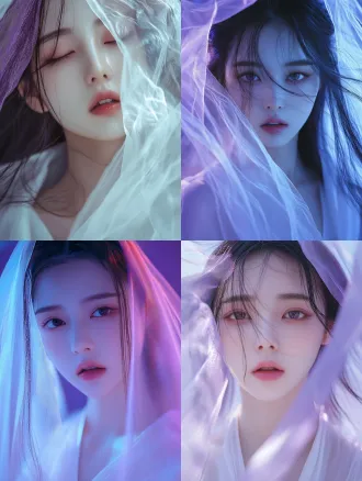 ancient chinese beauty, oriental aesthetics, stunningly gorgeous face, delicate exquisite facial features, trendy influencer makeup, long flowing hair, hair strands falling on the forehead, cold and aloof vibe, icy beauty, wearing white robe with sheer purple outer veil, ethereal, cinematic lighting, ultra-detailed skin texture, high resolution, 8k