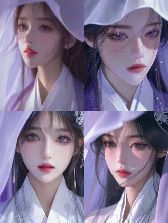 ancient chinese beauty, oriental aesthetics, stunningly gorgeous face, delicate exquisite facial features, trendy influencer makeup, long flowing hair, hair strands falling on the forehead, cold and aloof vibe, icy beauty, wearing white robe with sheer purple outer veil, ethereal, cinematic lighting, ultra-detailed skin texture, high resolution, 8k