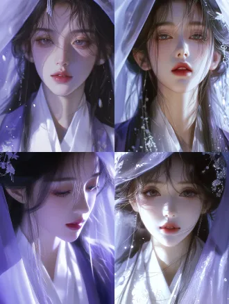ancient chinese beauty, oriental aesthetics, stunningly gorgeous face, delicate exquisite facial features, trendy influencer makeup, long flowing hair, hair strands falling on the forehead, cold and aloof vibe, icy beauty, wearing white robe with sheer purple outer veil, ethereal, cinematic lighting, ultra-detailed skin texture, high resolution, 8k