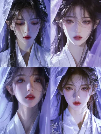 ancient chinese beauty, oriental aesthetics, stunningly gorgeous face, delicate exquisite facial features, trendy influencer makeup, long flowing hair, hair strands falling on the forehead, cold and aloof vibe, icy beauty, wearing white robe with sheer purple outer veil, ethereal, cinematic lighting, ultra-detailed skin texture, high resolution, 8k