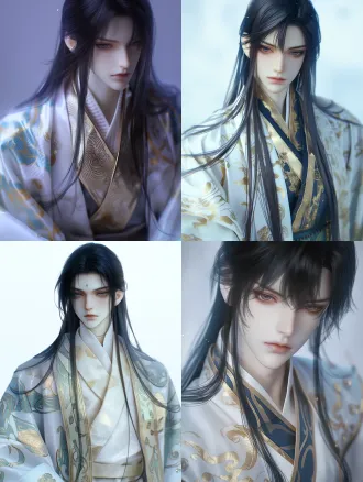 guofeng style anime bjd doll texture, strikingly handsome royal grand tutor (tai fu), long black hair half-tied up, wearing white-gold-blue traditional chinese robe with gold thread damask patterns, low saturation cool white tone, soft dreamy lighting with film grain, luminous translucent skin, ascetic and aesthetic forbidden beauty, oc render, delicate brushwork
