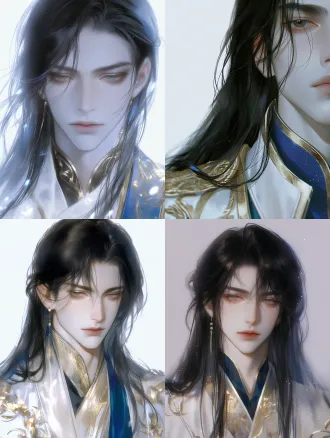 俊美容颜皇家太傅，半束黑色长发，白金蓝金线暗纹服饰，国风二次元bjd质感，低饱和冷白调，柔光朦胧带颗粒，肌肤透亮禁欲唯美，oc渲染细腻笔触。
