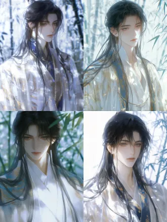 chinese-style anime bjd doll texture, handsome ethereal young man, royal imperial tutor, long black hair half tied up, flowing white-gold-blue mixed sheer gauze robe, low saturation cold white tone, soft dreamy lighting with grainy film feel, luminous translucent skin, restrained aesthetic, oc character rendering, delicate painterly brushstrokes, soft full facial lighting, blurred bamboo forest background in daylight