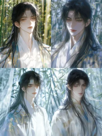 chinese-style anime bjd doll texture, handsome ethereal young man, royal imperial tutor, long black hair half tied up, flowing white-gold-blue mixed sheer gauze robe, low saturation cold white tone, soft dreamy lighting with grainy film feel, luminous translucent skin, restrained aesthetic, oc character rendering, delicate painterly brushstrokes, soft full facial lighting, blurred bamboo forest background in daylight