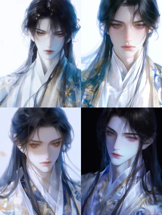 chinese-style anime bjd doll texture, ascetic cold noble facial features, royal imperial tutor, long black hair half-tied, flowing long robe in white-gold-blue mixed sheer layers, low-saturation cool white tone, soft dreamy lighting with film grain, luminous translucent skin, ascetic aesthetic beauty, oc render style, fine delicate brushstrokes, soft full lighting on face, portrait, high detail