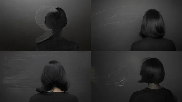 cinematic, dark grey background, a woman's back of head, perfectly smooth and neat black hair, minimalism, 4k, subtle breathing movement.