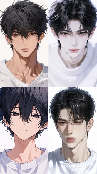 2d二次元插画画风，正面构图，8k超高清，男生，高贵帅气，黑色短发，发丝层次蓬松，微乱碎发落在额前，黑色深邃眼眸，眼型狭长锐利，右眼角下方一颗清晰的小痣，五官精致立体，骨相优越，轮廓锋利帅气，薄唇，神态清冷又带着偏执感。瓷感冷白皮，皮肤极致细腻平滑，通透珍珠光泽肤质，微弱面中红晕，无粗大毛孔。身穿白色设计感毛衣，剪裁简约高级，针织纹理细腻，版型合身不臃肿，线条干净帅气。柔和漫射光源，画面干净，电影景深，高级低饱和色彩，发丝精细刻画，人物姿态自然。 负面词： 粗糙皮肤，油光，痘痘，毛孔明显，噪点，3d渲染，建模感，塑料皮肤，畸形五官，硬阴影，画面颗粒，卡通q版，夸张肌肉，花哨配饰，土气穿搭，五官扁平，没有痣，痣的位置错误。