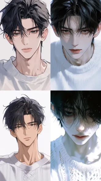 2d二次元插画画风，正面构图，8k超高清，男生，高贵帅气，黑色短发，发丝层次蓬松，微乱碎发落在额前，黑色深邃眼眸，眼型狭长锐利，右眼角下方一颗清晰的小痣，五官精致立体，骨相优越，轮廓锋利帅气，薄唇，神态清冷又带着偏执感。瓷感冷白皮，皮肤极致细腻平滑，通透珍珠光泽肤质，微弱面中红晕，无粗大毛孔。身穿白色设计感毛衣，剪裁简约高级，针织纹理细腻，版型合身不臃肿，线条干净帅气。柔和漫射光源，画面干净，电影景深，高级低饱和色彩，发丝精细刻画，人物姿态自然。 负面词： 粗糙皮肤，油光，痘痘，毛孔明显，噪点，3d渲染，建模感，塑料皮肤，畸形五官，硬阴影，画面颗粒，卡通q版，夸张肌肉，花哨配饰，土气穿搭，五官扁平，没有痣，痣的位置错误。