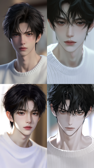 2d二次元插画画风，正面构图男生，高贵帅气，黑色短发，发丝层次蓬松，微乱碎发落在额前，黑色深邃眼眸，眼型狭长锐利，右眼角下方一颗清晰的小痣，五官精致立体，骨相优越，轮廓锋利帅气，薄唇，神态清冷又带着偏执感。瓷感冷白皮，皮肤极致细腻平滑，通透珍珠光泽肤质，微弱面中红晕，无粗大毛孔。身穿白色设计感毛衣，剪裁简约高级，针织纹理细腻，版型合身不臃肿，线条干净帅气。柔和漫射光源，画面干净，电影景深，高级低饱和色彩，发丝精细刻画，人物姿态自然。 负面词： 粗糙皮肤，油光，痘痘，毛孔明显，噪点，3d渲染，建模感，塑料皮肤，畸形五官，硬阴影，画面颗粒，卡通q版，夸张肌肉，花哨配饰，土气穿搭，五官扁平，没有痣，痣的位置错误。 柔和室内侧光，低饱和度色调，细腻光影层次，电影质感，浅景深，真实皮肤质感，8k高清，细节
