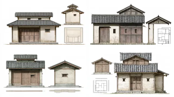 architectural orthographic three views, front elevation, side elevation, floor plan, small private opium den in emei sichuan, 1943, vernacular chuandou wooden house, single story with low attic, bamboo mud wall, grey tile roof, wooden plank shutter door, tiny narrow wooden windows, plain stone base, historically authentic, subtle aged wood texture, weathered lime wall texture, architectural presentation drawing, solid pure white background, isolated building, no scene, no human, orthographic, no perspective, soft natural lighting, 8k