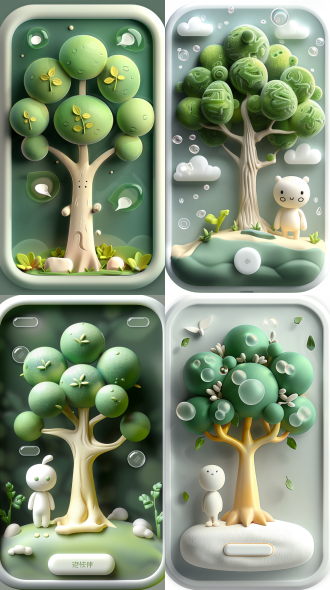 treetalk启动页ui设计，中心3d绿树，可爱白色软萌形象旁立，玻璃对话气泡，奶白背景，莫兰迪绿柔黄配色，底部圆角胶囊按钮，3d黏土风，微哑材质，极净，柔漫射光，治愈温馨，dribbble风格，8k高分辨率