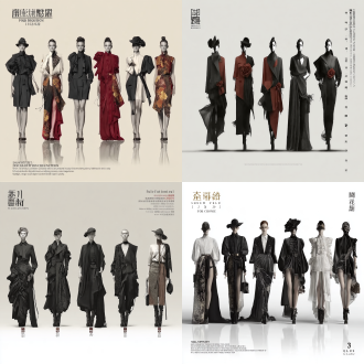 为女装秋冬高级时装系列《绒汇新章》生成一张横向五套全身模特效果图。 整体以当代国际高级成衣为审美方向，采用真实秋冬面料、精裁与构成主义叠层结合的设计语言。参考成熟秀场成衣的造型完整度、材料表现、自然模特姿态与真实穿着逻辑。五套造型必须在同一设计语言下呈现不同的轮廓、比例、层次和穿搭关系，不重复使用同一套款式公式。 以民国文明新装为结构研究来源，从偏襟闭合、短上衣比例、倒大袖的收放关系和上下装组合中提取设计基因，通过现代精裁、建筑感领部、几何折面、不同宽度的裁片叠压、局部体积扩张及不对称结构进行当代转译。不复刻传统服装外观。 以非遗绒花工艺为材料与构造灵感。将绒条嵌入接缝，利用缠绕节点连接裁片，通过绒性凸起、纤维聚合、手工模块与提花面料的结合改变局部体积和表面肌理。绒花必须参与服装结构与材料关系，不以独立胸花、规则花串作为主要表现方式。 秋冬材料以精纺羊毛、羊毛混纺、毛呢、棉质斜纹和局部真丝提花为主。通过面料的厚度、支撑、折叠和自然垂坠建立轮廓，控制材料数量，让裁片结构而非装饰堆积成为视觉重点。 色彩遵循原始拼贴体系：暖姜黄、淡薰衣草紫、灰豆沙、暖米白、炭棕，少量灰蓝辅助。以低饱和暖调建立整体统一感，以有限的紫黄对比形成系列记忆点。 五位成年女性模特横向展示，自然站立，真实人体比例，服装完整可见。背景采用暖灰米白色摄影棚风格，柔和方向性光线，真实面料纹理与自然地面阴影。顶部仅显示艺术标题“绒汇新章 / rong hui xin zhang”，下方简洁标注 look 01—look 05。只生成一张时装效果图，不生成面料版、工艺版、技术线稿或拼贴版。 创作重点：精裁建立骨架，几何叠层生成体积，绒花工艺融入结构；传统提供根基，现代剪裁形成新形态。 不要出现：动漫、卡通时尚插画，游戏角色设计，奇幻服饰，中国古装，通用中式服装，旗袍，舞台戏服，历史长袍复刻，重复长款外套，相同轮廓造型，重复斜向前襟，胸前重复花卉链条装饰，超大斗篷袖，巨型肩甲，随意撕裂布料，悬浮布料造型，过多缎带，过多金属丝，过多装饰层，塑料 cg 质感，光亮合成材质，大量透明欧根纱，大量雪纺，杂乱混搭面料，无章法垂坠效果，人体结构扭曲，夸张姿势，多页拼贴画，面料色卡板，服装平面工艺图，繁杂背景，密集文字