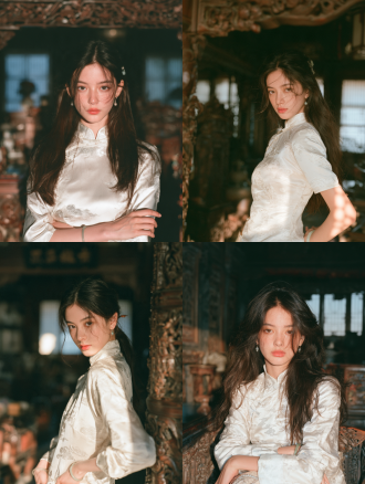 republic of china era, 18 year old young lady of a warlordmansion, stunningly beautiful, cute and dazed, big bright cleareyes, high delicate nose bridge, soft rounded face, youthfulbaby features, exquisite facial proportions, blank innocent gaze,naive expression, slim delicate figure, natural fair glowing skin,very light subtle makeup, tender pink plump lips. shiny longblack hair, soft stray hairs on cheek, small jade hairpin, tiny jadedrop earrings, thin jade bracelet. elegant pure white silkcheongsam, faint silver cloud embroidery, mandarin collar.interior of carved wooden warlord mansion hall, antiquefurnishings, soft daylight through paper windows, peacefulambiance. close up cinematic portrait, soft bright tone, hazyatmosphere, shallow depth of field, subtle film grain, rim light,