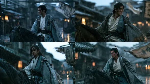 cinematic live-action chinese wuxia film still. at rainy dusk, a lone young swordsman rides a dark bay horse through a weathered riverside city gate. low eye-level wide shot, rider and horse fully visible in the left third, half the frame height. song landscape-inspired horizontal composition; wet flagstones provide quiet negative space. blurred eaves and a wind-torn tavern banner frame timber shops fading into rain. handsome, composed, weary eyes, black half-up hair with a white jade crown, damp strands against his cheek. moon-white crossed-collar robe, muted blue-green outer robe with subtle cloud embroidery, dark sash, jade pendant, rain-heavy grey cloak, silver clasp. slender sheathed sword at his hip. cold slate-blue ambience; amber lantern sidelight grazes his face and wet hair. warm bokeh and broken puddle reflections. fine skin texture, woven fabric, wet horsehair, delicate hoof splash. restrained elegance, readable shadows, soft highlights, subtle film grain.