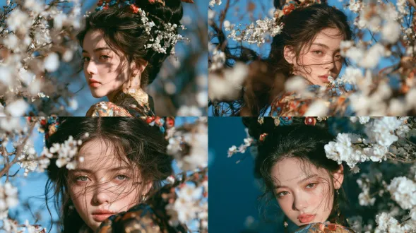 graceful ancient beauty, unparalleled elegance. traditional high bun with colored hair ornaments and white flower branches. golden gradient tang dynasty blouse, delicate luxurious soft colorful materials. cold toned background, leaning against lush flowering branches, goddess like blue glaze aesthetic. fair porcelain cold white skin. close up surreal dreamy film photography, soft pastels, bright hazy tones, shallow depth of field, high film grain, retro texture. frontal movie light (1.6), light tracking (1.5), smooth cold white skin (1.7), best bone structure (1.2), net like face (1.6), net like makeup (1.6). 19 year old girl, pointed chin, balanced proportions, slender figure, exquisite makeup, delicate accessories, flowing messy hair, random angle, sweet lazy playful mood. korean sweet style, vivvy pure desire style, jiangnan beauty temperament, idolistic youthful charm, small earrings and bracelets, sunny outdoor panoramic background, extreme detail, extreme rendering, contour light, instagram style