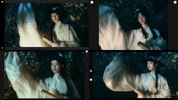 a cinematic photorealistic portrait of a young east asian woman in traditional ancient chinese hanfu, standing in a dark flowering forest at night. she wears a flowing translucent ivory-white silk robe with delicate blue floral embroidery, pale gold threadwork, soft layered fabric, and wide flowing sleeves. her long black hair is partially tied beneath a tall traditional black scholar’s hat decorated with a few small blue and white flowers. she holds an aged folded scroll in both hands, while her left sleeve rises dramatically into the foreground as if moved by a gentle breeze. her face is delicate and natural, porcelain skin, soft almond-shaped eyes, subtle pink lips, calm melancholic expression, a few loose strands of hair crossing her cheek. low-angle medium-full portrait, subject positioned slightly to the right, sweeping sleeve filling the left foreground, scroll visible in the lower right. dark branches and clusters of pale blossoms form a soft bokeh background. cool moonlight and cyan-blue ambient light illuminate the forest, with a gentle soft key light on her face and subtle warm highlights on the silk embroidery. deep shadows, restrained desaturated blue-green palette, elegant chiaroscuro, atmospheric mist, realistic silk texture, natural skin detail, cinematic depth of field, delicate motion in the fabric, high-end chinese historical costume film still, shot on a 50mm lens at f/1.8, soft film grain, refined color grading, highly detailed photorealism [image url] a cinematic photorealistic portrait...