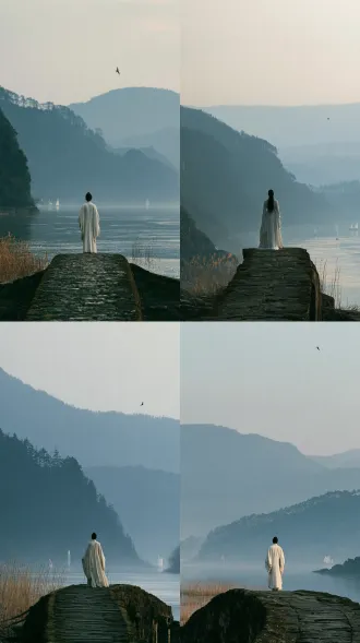 a solitary young wuxia traveler in a refined ivory-white ancient chinese robe stands at the far end of a graceful moss-lined stone bridge, seen from behind in a small full-body silhouette occupying less than 10 percent of the frame, facing a vast river valley after rain. the bridge enters from the lower foreground and creates a gentle visual path toward layered blue-gray mountains, distant pine forests, pale morning mist and a broad quiet sky. thin golden reeds bend softly beside the water, a few elegant white sails drift through the haze, and one distant swallow crosses the open sky. classical chinese wuxia cinema composition, strong asymmetrical framing, mountain-and-water painting spatial depth, extensive negative space, figure immersed in the landscape rather than dominating it. refined poetic beauty, clean natural textures, graceful flowing fabric, subtle wind movement, soft diffused post-rain light with a restrained warm amber glow along the mist, desaturated blue-gray, smoky green and ivory palette, low contrast, lifted blacks, soft highlight roll-off, realistic live-action film still, arri alexa cinema camera, 35mm lens, deep natural atmosphere, delicate organic film grain, quiet jianghu solitude, elegant and contemplative, photorealistic