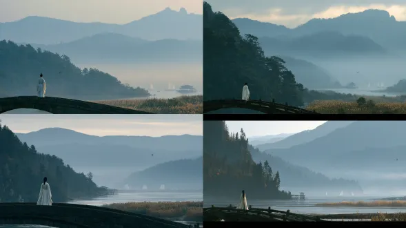 a solitary young wuxia traveler in an elegant ivory-white ancient chinese robe stands in the far left third of a graceful stone bridge, seen from behind as a small full-body figure occupying less than 8 percent of the frame, quietly facing a vast river valley after rain. the bridge begins in the lower-left foreground and curves toward the distant center, creating a clear visual pathway through the landscape. layered blue-gray mountains, elegant pine forests, pale morning mist, a broad open sky and a distant riverside pavilion fill the background. several delicate white sails drift across the hazy water, while slender golden reeds sway along the shore and one distant swallow crosses the empty sky. classical chinese wuxia cinema, figure immersed in the landscape, strong asymmetrical composition, frame-within-frame depth, borrowed scenery, concealed scenery, generous negative space, visual rhythm inspired by traditional chinese shanshui painting. refined poetic beauty, graceful flowing fabric, subtle natural wind, soft diffused post-rain daylight, restrained amber light touching the mist and robe edges, desaturated blue-gray, smoky green, ivory and muted reed-gold palette, low contrast, lifted blacks, soft highlight roll-off, realistic live-action film still, arri alexa cinema camera, 35mm lens, natural atmospheric depth, delicate organic film grain, quiet jianghu solitude, elegant and contemplative, photorealistic
