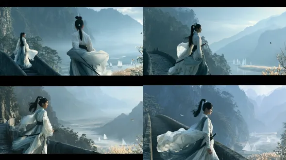 [paste the reference image url here] use the attached reference image only for the young woman’s makeup and styling mood: clear luminous skin, refined natural chinese makeup, softly defined eyes, composed heroic facial presence, high black ponytail with a simple silver hair ornament, elegant pale ivory and ice-blue costume feeling. create a completely new cinematic scene and composition. a young adult chinese female wuxia swordswoman in her early twenties stands small within a vast rain-washed mountain landscape, positioned in the far left third of a graceful ancient stone bridge, shown in a three-quarter back profile as she pauses mid-step and looks toward a broad river valley. she wears an elegant ivory-white and pale blue ancient robe with layered flowing sleeves, a simple dark belt and a slender sword discreetly secured at her waist. her long ponytail and translucent outer sleeves move gently in the mountain wind. the bridge curves from the lower foreground toward layered blue-gray mountains, distant pine forests, drifting morning mist and a wide open sky. several white sails move slowly across the hazy river, slender golden reeds bend along the water, delicate flowering branches enter from one foreground corner, and a distant swallow crosses the pale sky. the woman is immersed in the landscape rather than dominating it. classical chinese shanshui composition, hu jinquan-inspired wuxia cinema, asymmetrical framing, frame-within-frame depth, borrowed scenery, concealed scenery, strong negative space, elegant visual flow, poetic emotional tension inspired by wind, rain, long journeys, flowers blooming and swallows returning. refined and beautiful live-action chinese historical cinema, natural skin texture, realistic fabric folds, subtle hair movement, soft diffused post-rain daylight, cool blue-gray, smoky green and ivory palette with restrained reed-gold and faint amber highlights, low contrast, lifted blacks, soft highlight roll-off, arri alexa cinema camera, 35mm lens, natural atmospheric depth, delicate organic film grain, photorealistic cinematic film still