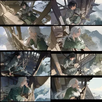 竖版2格漫画分镜，黑色分割线，二次元薄涂插画，细腻流畅线稿，通透柔和色彩，飘逸发丝，氛围感叙事镜头，空气透视，委托稿质感。2个人物：男生深黑半束长发，深蓝眼眸，灰青拼接古风劲装，腰间配饰，弯刀；女生浅银白长发，浅灰眼眸，青绿色古风长袍，手臂白色绑带。上格远景：苗寨吊脚楼底层，男生坐木台阶擦拭弯刀，抬眼望向二层，神态恍惚，午后柔光，树影薄雾；下格中景：吊脚楼二层木廊，女生手肘撑栏杆单手托下巴，侧脸眺望远山，目光放空，远处炊烟。避世静谧氛围，低对比度，画面肌理。负面词：粗轮廓，高饱和，硬阴影，畸形，水印文字，3d写实
