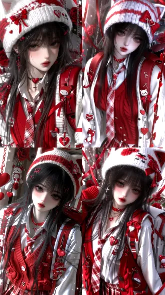 masterpiece, 8k ultra hd, high quality, 2.5d anime, semi-realistic, korean semi-thick painting, extremely fine hair depiction with individual hair strands, soft delicate shadows, low contrast soft color palette, semi-thick rendering, eye-level view, upper body shot, young girl, long straight black hair, red and white knit cat ear hat decorated with red bow, heart pin, cross pendant, detailed face, oval face, pale porcelain skin, faint blush, dark clear eyes, reddish eye corners, soft eyebrows, moist red lips, cute and cool expression, red and white outfit, white shirt inside, red cable knit vest, red-white plaid tie, red thick knit cardigan decorated with red ribbons, hearts and safety pins, red-white plaid pleated skirt, red heart choker with cross necklace, red-white backpack, hanging red and white teddy bear keychains, red metal chains, detailed background, floating red ribbons, red roses, scattered heart decorations, soft studio lighting, sparkling light particles, red and white theme scene, subtle natural film grain, delicate brush strokes, visible soft brush texture, shallow depth of field, sharp focus on character face, sweet cool alt girl vibe