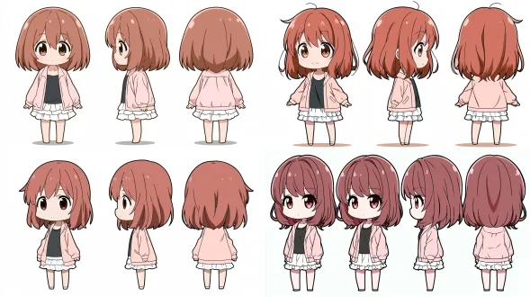 chibi, cute girl, big eyes, small body, large head, very prominent snaggletooth, (snaggletooth:1.4), reddish-brown shoulder-length straight hair, air bangs, wispy bangs, light pink lightweight jacket, black tank top, white ruffle skirt, standing pose, empty hands, no props, character design sheet, three-view, front view, side view, back view, pure lineart, sketch, monochrome, black and white, clean lines, anime style, flat colors outline, plain white background