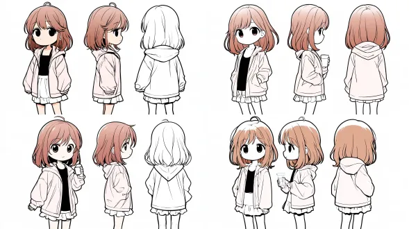 chibi, cute girl, big eyes, small body, large head, very prominent snaggletooth, (snaggletooth:1.4), reddish-brown shoulder-length straight hair, air bangs, wispy bangs, light pink lightweight jacket, black tank top, white ruffle skirt, standing pose, empty hands, no props, character design sheet, three-view, front view, side view, back view, pure lineart, sketch, monochrome, black and white, clean lines, anime style, flat colors outline, plain white background