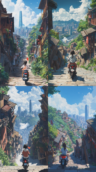 竖屏9:16，宫崎骏吉卜力动画风格。重庆山城风光。前方是步道，一层一层的楼梯，两旁是传统的吊脚楼。一位挽发的少女骑着机车，机车后插着一面小红旗，从楼梯上俯冲而下，远处有蓝天白云，依稀可看到高楼林立。