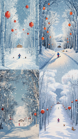 竖屏9:16，宫崎骏吉卜力动画风格。北海道雪景，一位帅哥穿着亮色滑雪服，背对着镜头往下滑。两边是覆着白雪的白桦树，树上挂着一些红灯笼，树上有可爱呆萌的小松鼠。路的尽头有一栋别致的小木屋，远方看得到一片片的雪山。