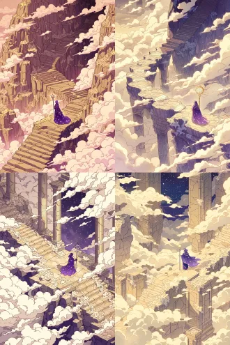紫晶片岩阶梯神殿沉于云间高原，紫袍星象巫师披着星纹长袍，握星光法杖仰望流转星云，广角全景，流云薄雾环绕石柱，淡色地衣覆满石材，冷暖柔和对冲，梦幻史诗治愈感，吉卜力 + 莫比斯融合画风，描边，ma-ko画风