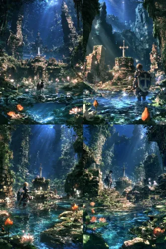 骑士少年，盾牌，站在浅水池遗迹里，水面涟漪，睡莲、橙色花苞，古老石砖水下神殿，中央石祭坛插着圣剑，发光小精灵，青苔藤蔓，清澈蓝水，手绘插画，粗清晰黑色轮廓线，水彩质感，淡彩，奇幻绘本，通透冷色调，吉卜力 + 莫比斯融合画风，描边，ma-ko画风