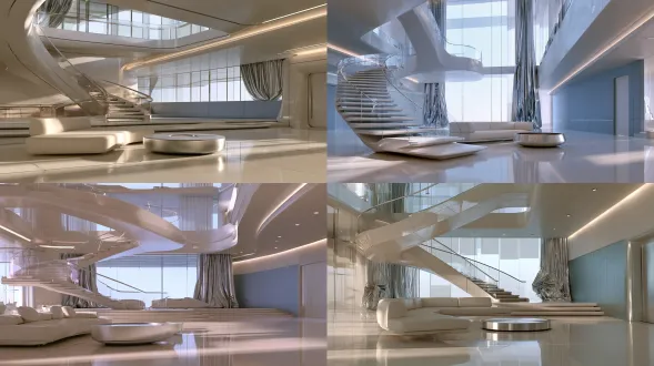 refined semi-realistic 3d chinese fantasy animation cg, an empty double-height private interstellar living room in the morning. approximately 24mm eye-level architectural wide view, one complete scene. one l-shaped cantilever staircase rises along the rear-left structural wall through a turning landing to the upper corridor. the upper exit and landing front edge face into the room and remain readable. lower treads connect continuously to the floor, with credible thickness, continuous laminated-glass guards and slim silver handrails. a straight ivory sofa occupies the middle-left, facing inward. its near-end backrest top and corner are readable, with clear floor outside that end. a low round-cornered brushed-silver coffee table stands before it, surface empty. a continuous clear floor zone lies to the table's right, approximately one step before an uninterrupted blue-gray solid wall. the closed main entrance occupies the front-right. a foreground route connects the sofa's near end to the entrance; another runs from the stair foot behind the table to the solid-wall zone. rear tall glazing, concealed shading tracks and side-gathered silver-gray curtains admit soft neutral morning light. fixed upper-wall coves provide weak warm-white fill, with natural soft shadows on the floor and beneath furniture. pearl-white ceramic, blue-gray fine textiles, pale champagne-silver brushed metal and clear glass. fine joints, localized lilac pearlescence, clear reflections and readable depth, combining dreamy futurism with domestic comfort.